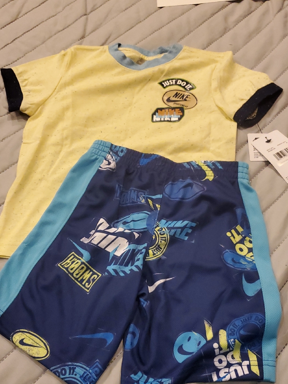 Nike Kids Yellow Top with Navy and Light Blue Logo Dri Fit Shorts